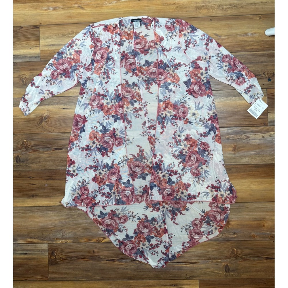 NY Invasion Womens Floral Mesh Cardigan Mauve Blue High Low Duster Large NWT